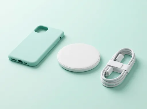 A plain phone case, a wireless charging pad and a charging cable