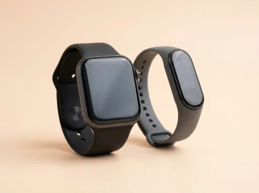 A plain smartwatch next to a slim fitness band