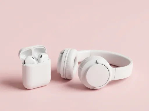 White wireless earbuds in a charging case next to over-ear headphones
