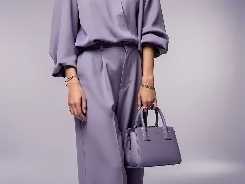Model in digital lavender outfit with matching accessories