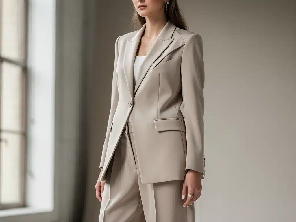 Model in deconstructed blazer and wide-leg trousers, representing quiet luxury.