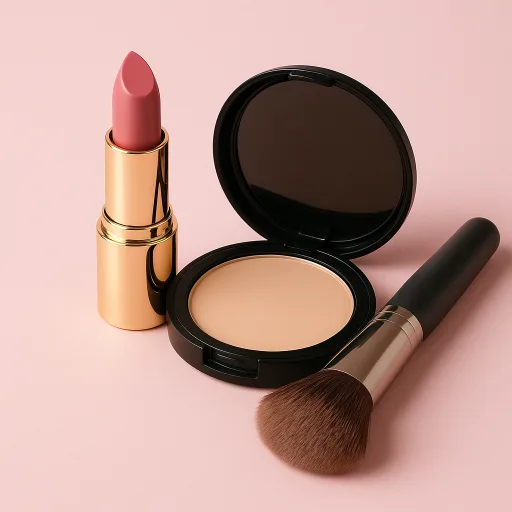 Lipstick, compact powder and makeup brush