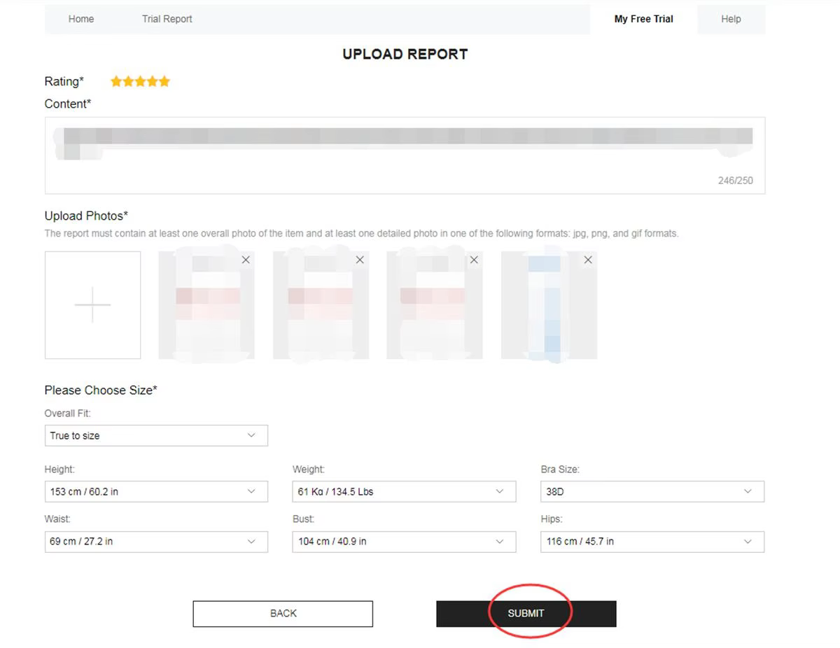 SHEIN Upload Report form with rating, review text, photos and size details