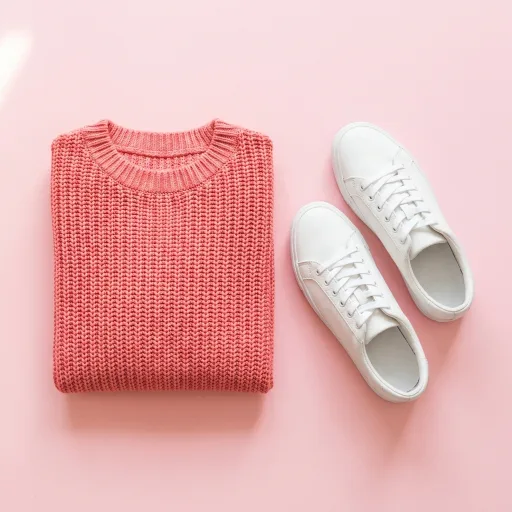 Folded coral knit top and white sneakers