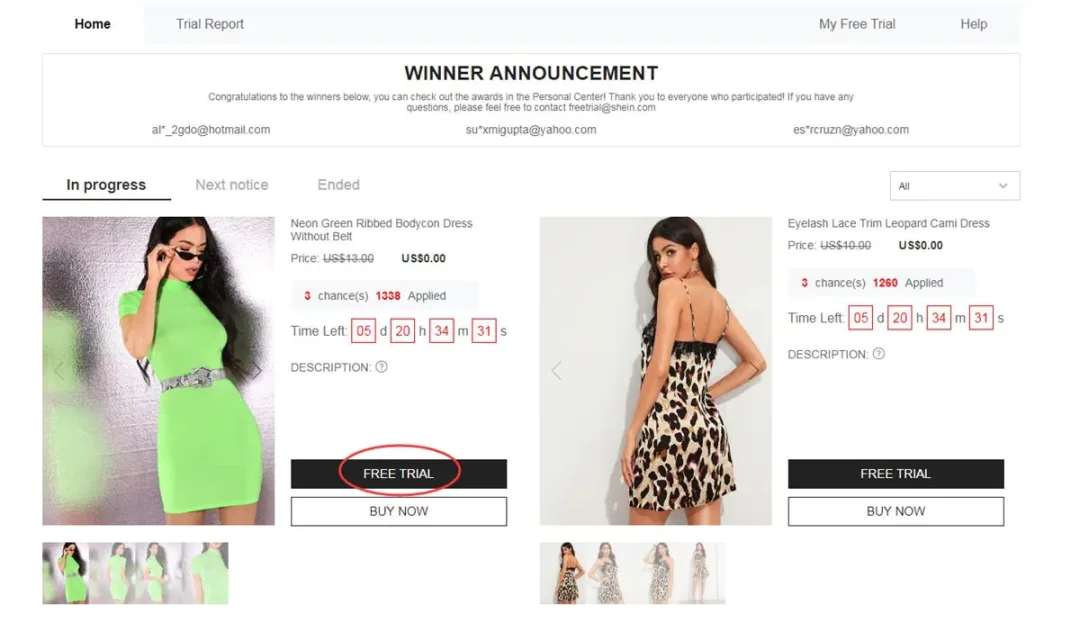 SHEIN Free Trial Center home page on the U.S. website, with items priced at US$0.00 and a Free Trial button