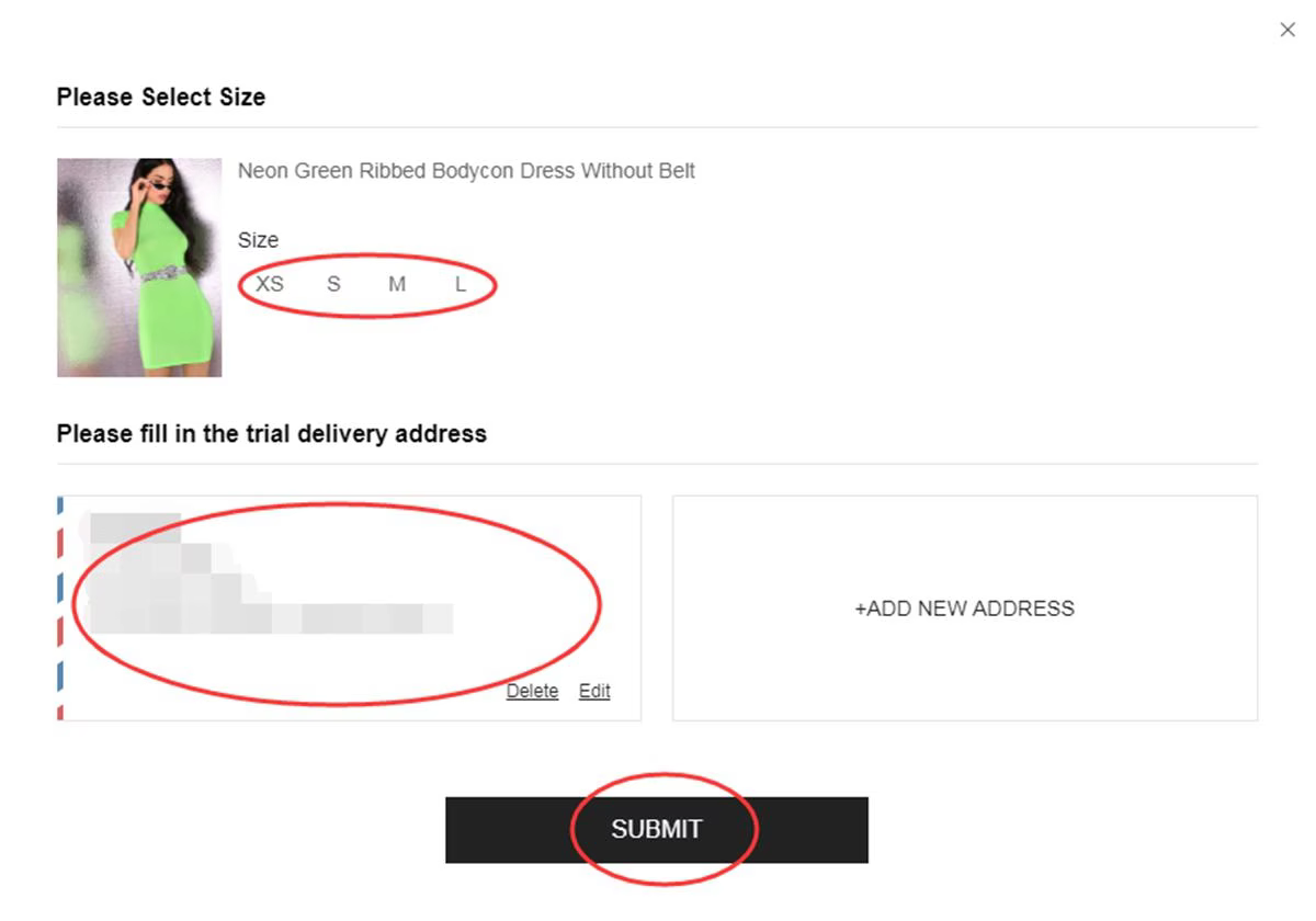 SHEIN Free Trial application window asking for a size and a delivery address