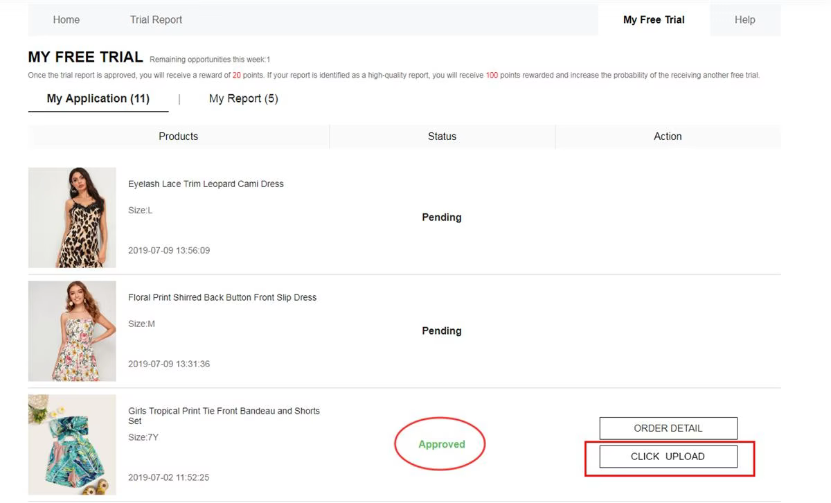 My Free Trial page in SHEIN showing an Approved application with a Click Upload button