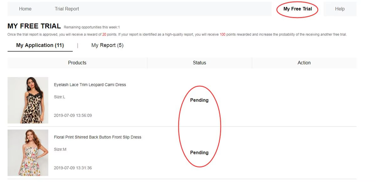 My Free Trial page in SHEIN showing applications with Pending status