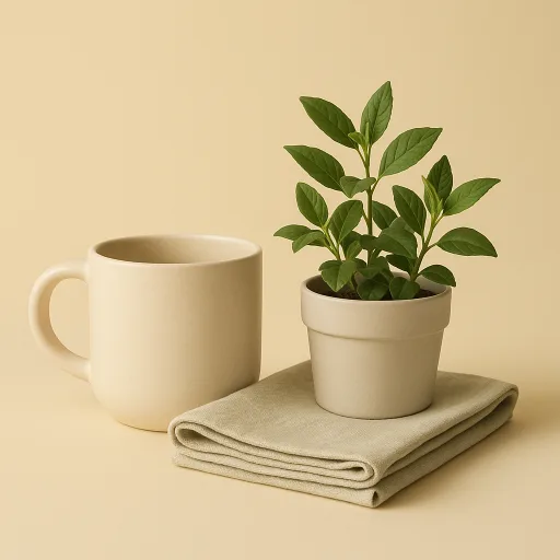 Ceramic mug, potted plant and linen kitchen towel