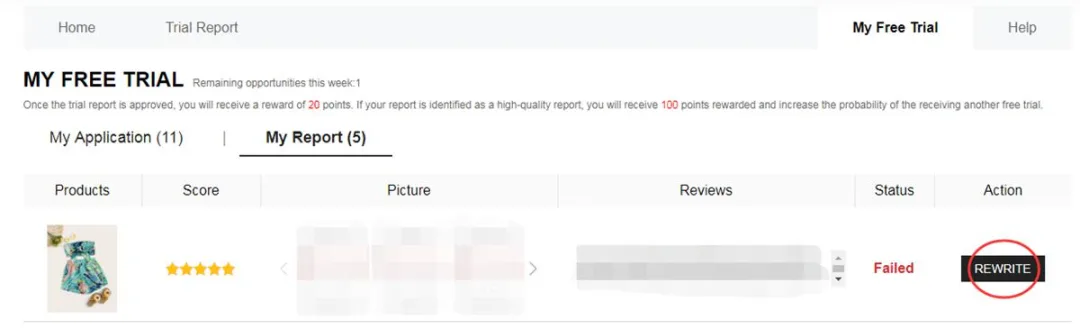 My Report tab in SHEIN showing a Failed review with a Rewrite button