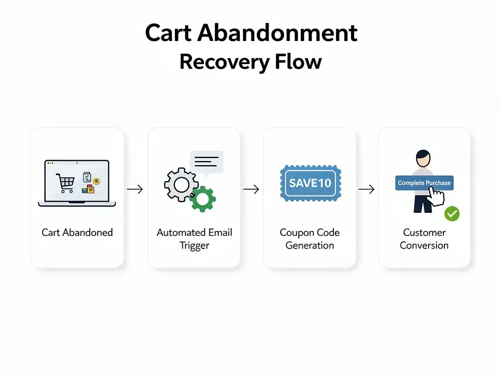 Diagrama de flujo del proceso automatizado de recuperación de carritos abandonados con cupones.